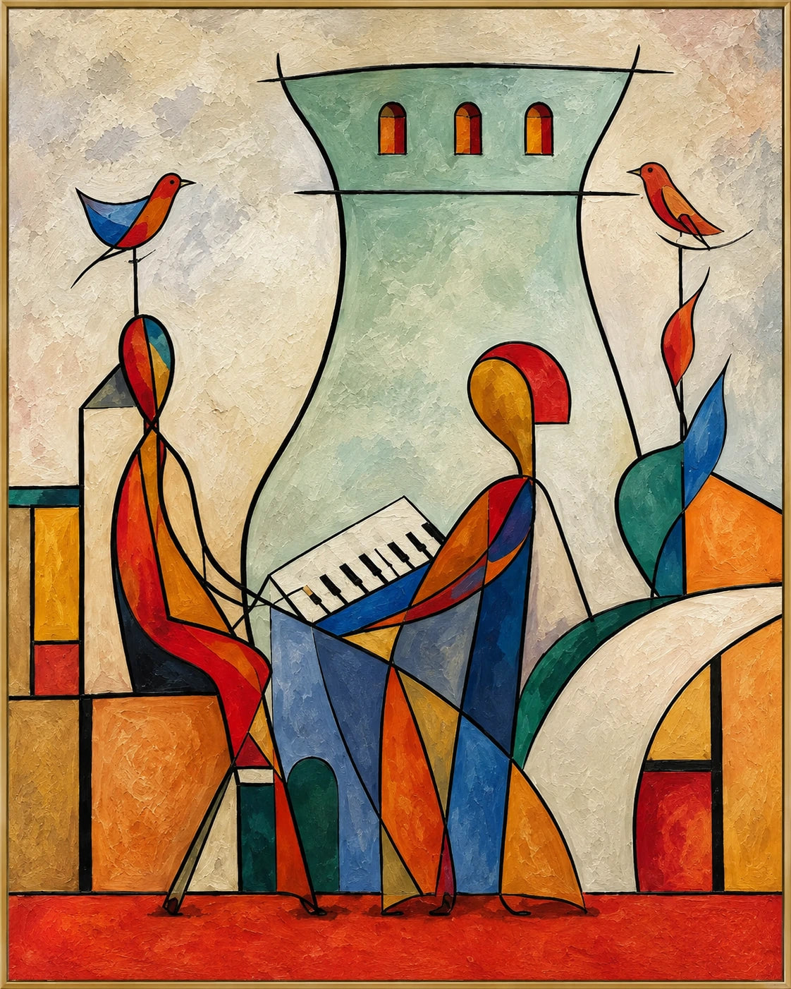 Birdsong | Hand-Painted Figurative Oil Painting | Complete artwork front view with narrow champagne gold fine frame