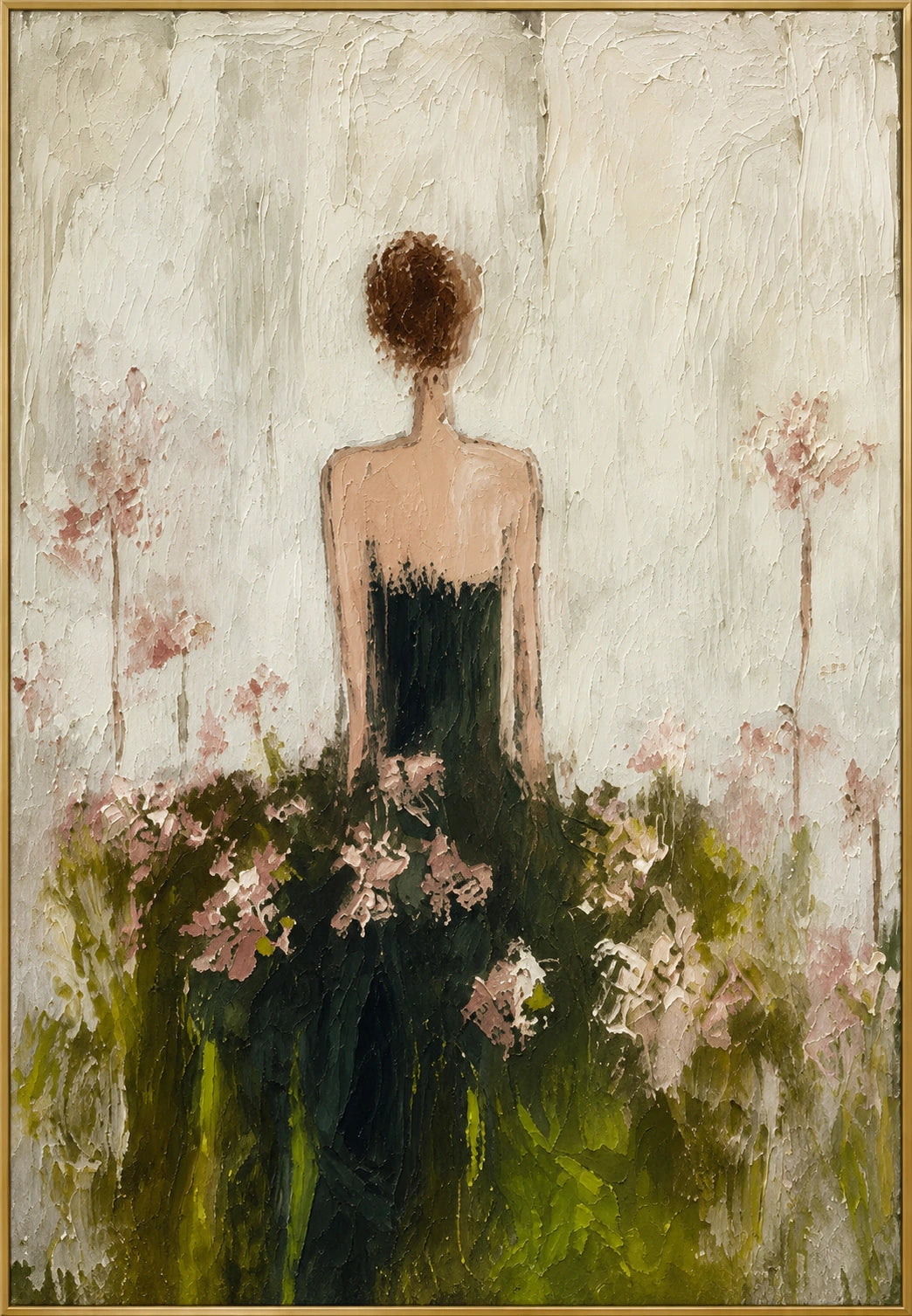 Blooming Solitude | Hand-Painted Figurative Oil Painting | Complete artwork front view with narrow champagne gold fine frame