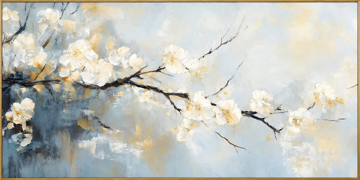Pale Blossom Sky | Hand-Painted Floral Oil Painting | Complete artwork front view with narrow champagne gold fine frame