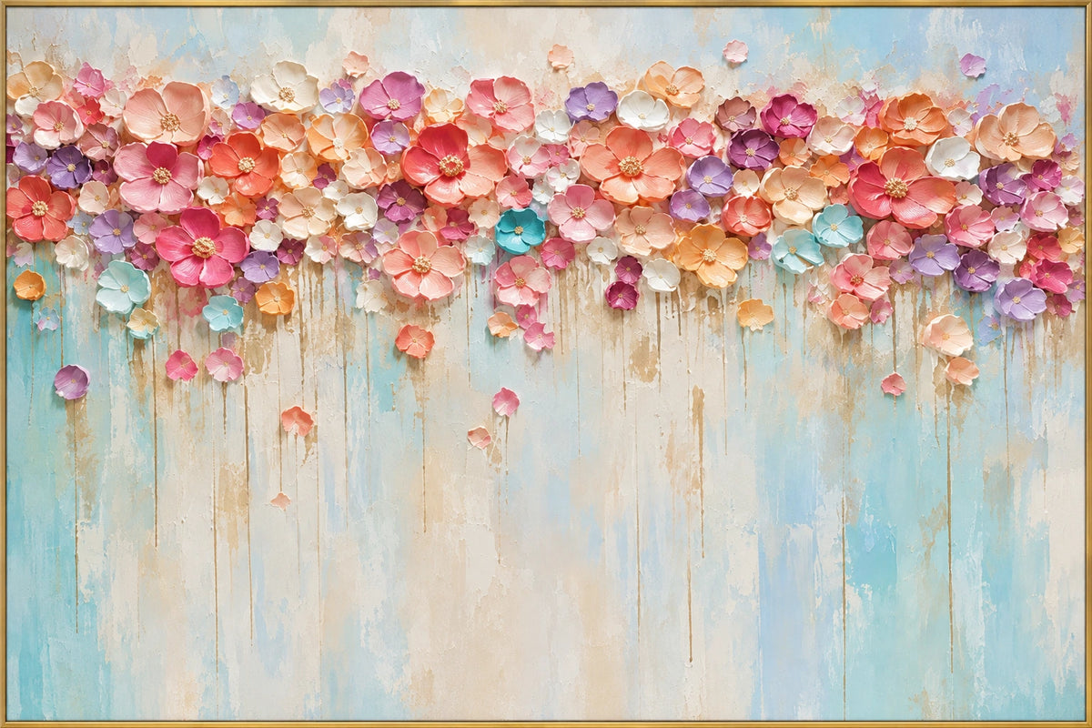 Petal Horizon | Hand-Painted Floral Oil Painting | Complete artwork front view with narrow champagne gold fine frame