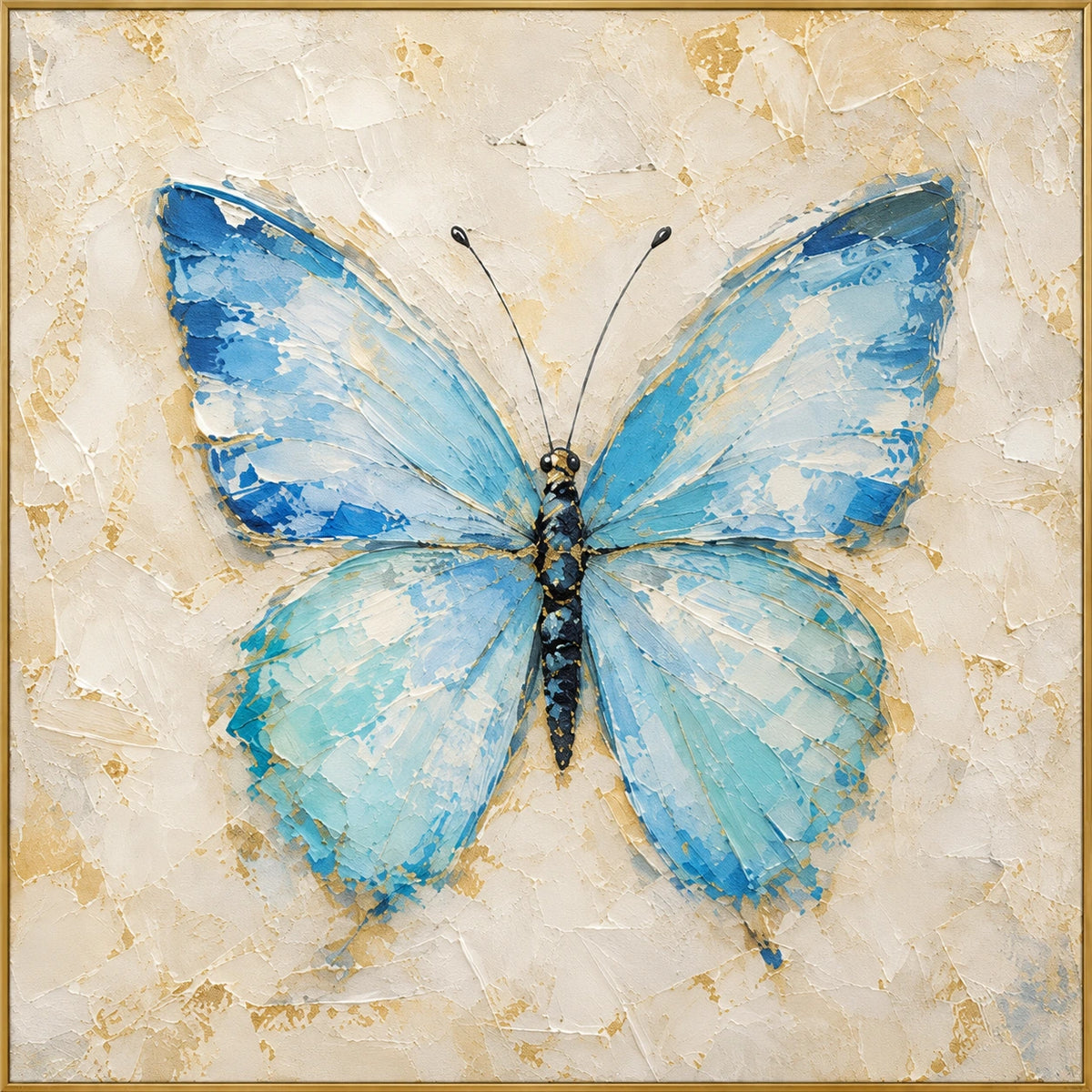 Blue Flutter | Hand-Painted Butterfly Oil Painting | Complete artwork front view with narrow champagne gold fine frame