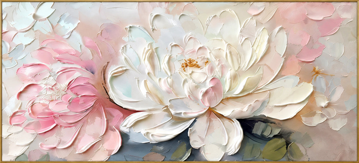 Blushing Peonies | Hand-Painted Floral Oil Painting | Complete artwork front view with narrow champagne gold fine frame