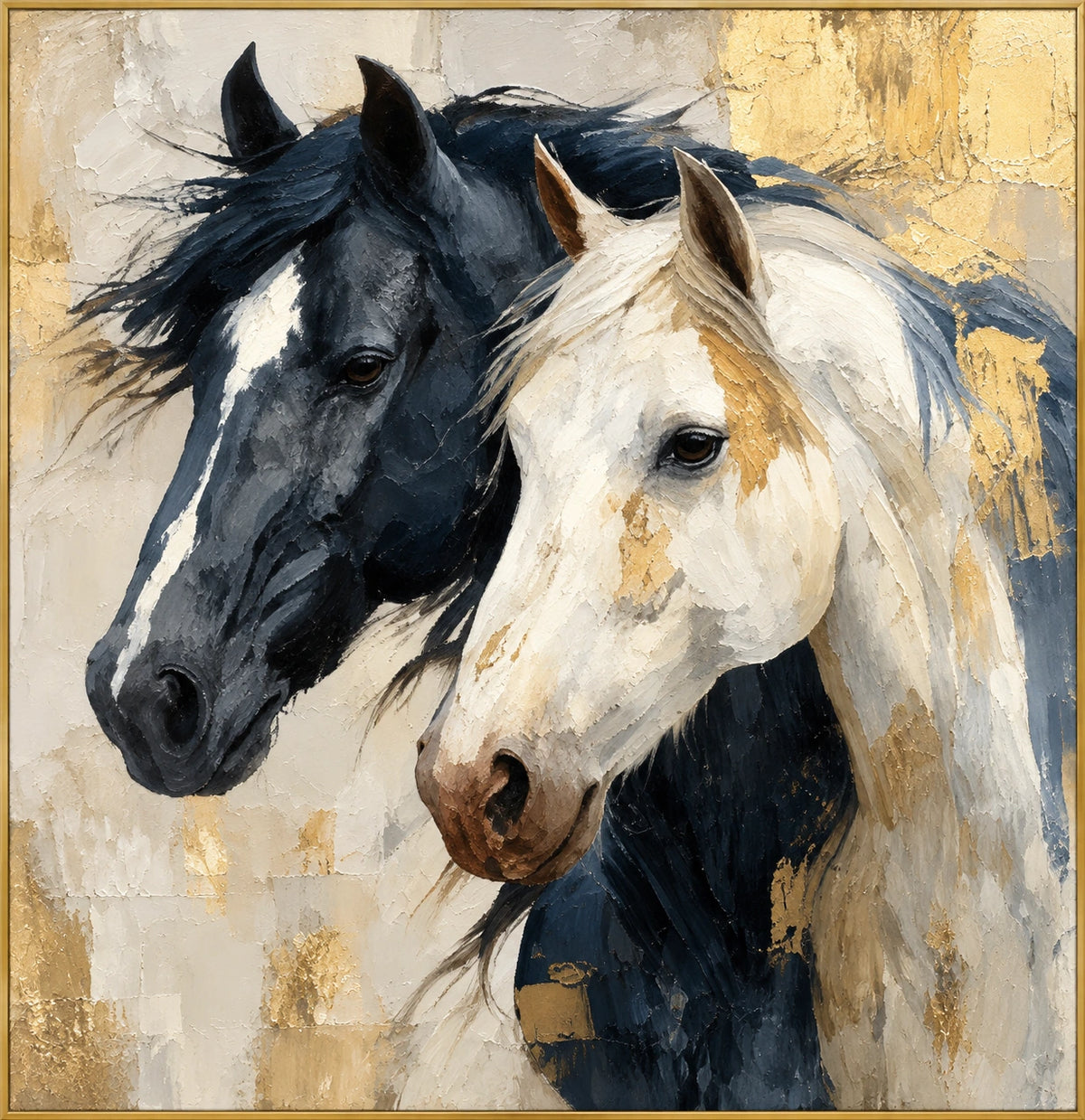 Dark Mane | Hand-Painted Horse Portrait Oil Painting | Complete artwork front view with narrow champagne gold fine frame