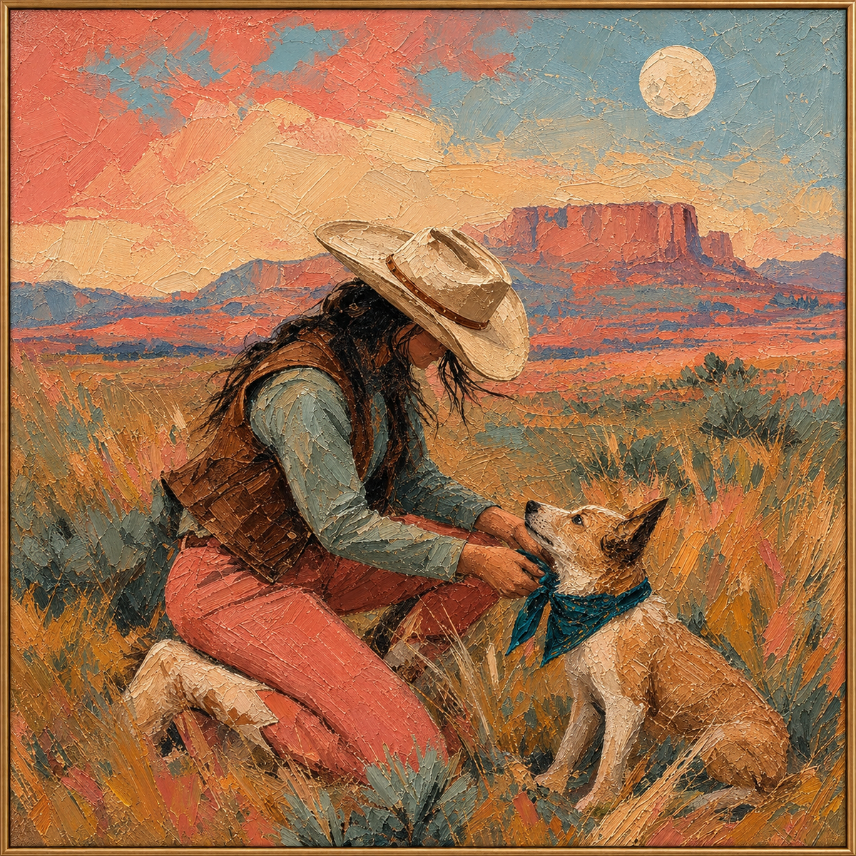 Canyon Kindred | Hand-Painted Cowgirl and Dog Oil Painting | Complete painting, narrow champagne bronze-gold frame, front view