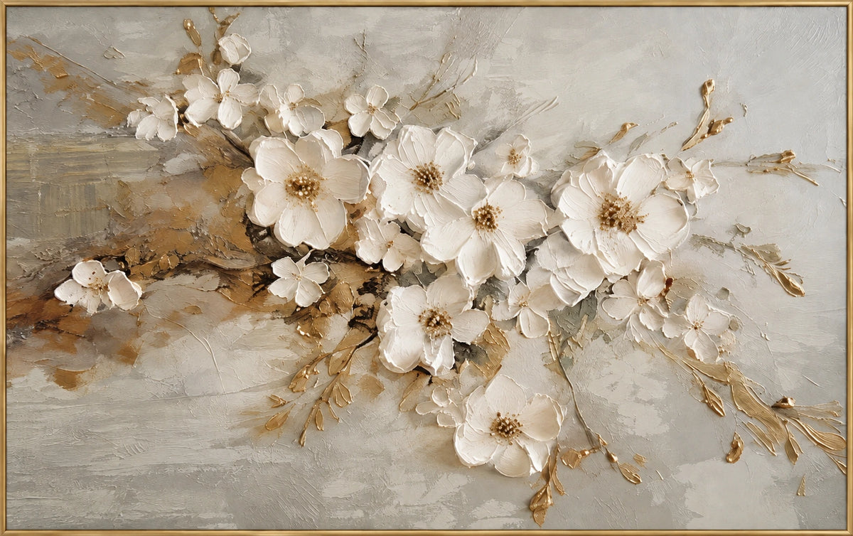 Taupe Branch | Complete artwork front view with narrow champagne gold fine frame