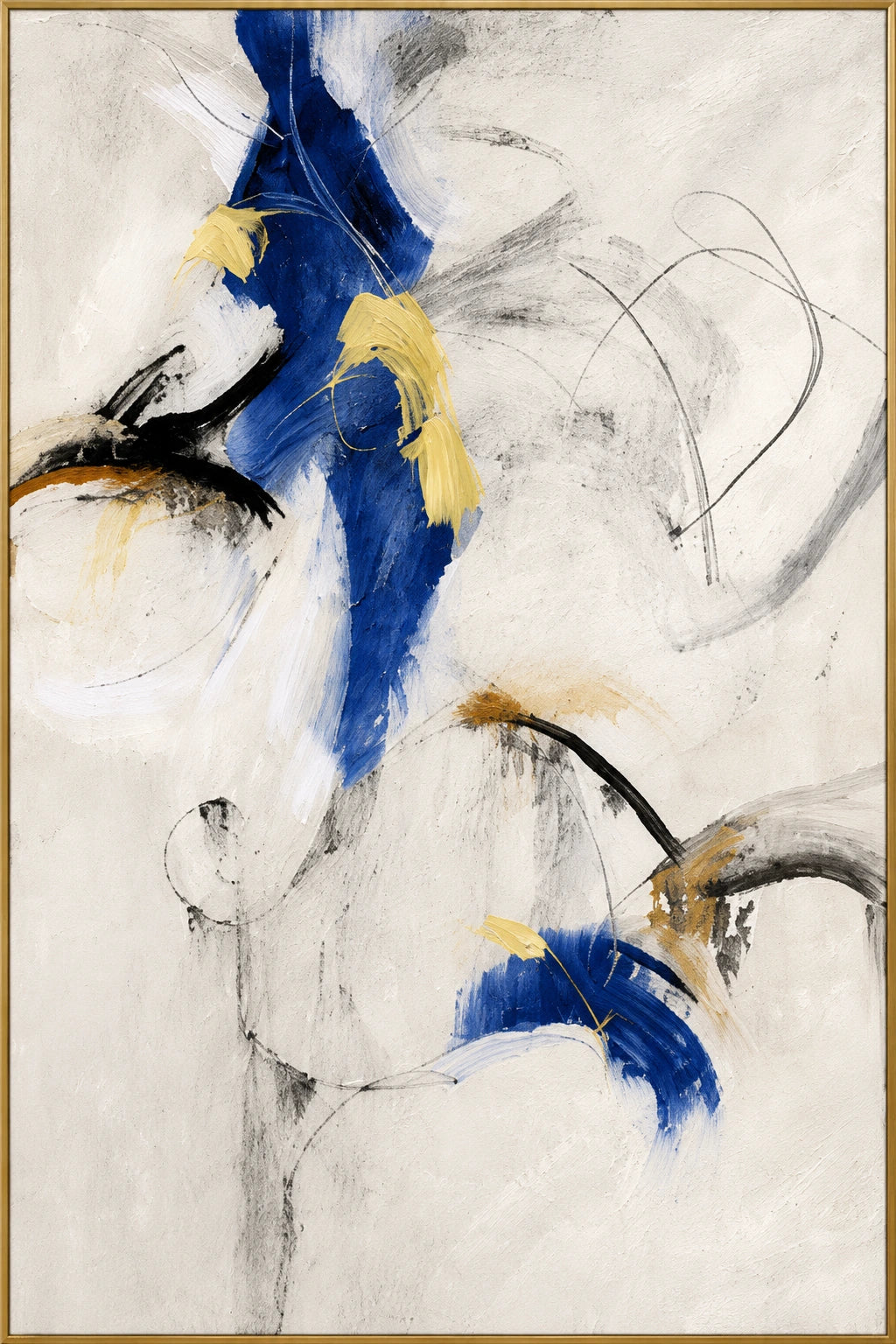 Blue Fugue | Hand-Painted Abstract Oil Painting | Complete artwork front view with narrow champagne gold fine frame