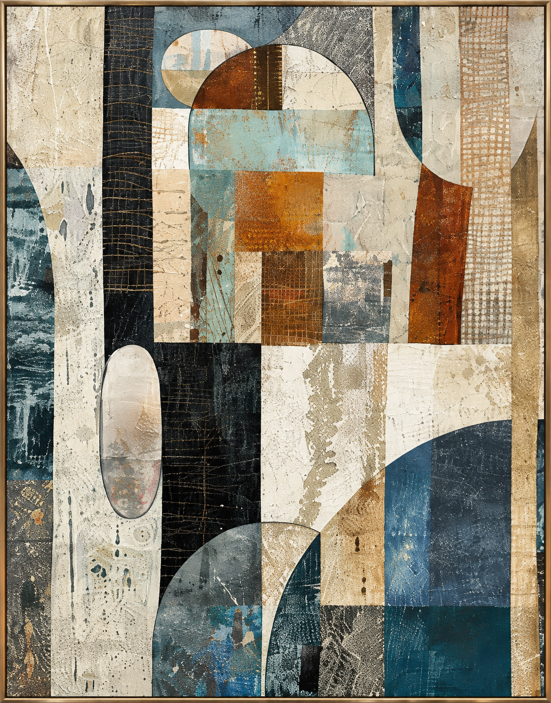 Teal Rust Rhythm | Hand-Painted Abstract Oil Painting | Complete painting, narrow champagne bronze-gold frame, front view