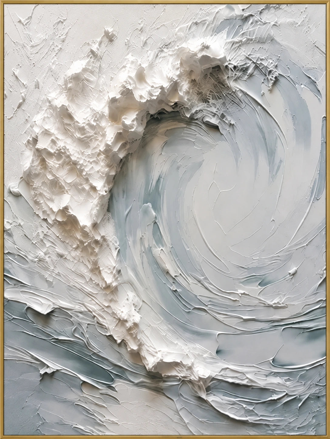Whitewater Spiral | Hand-Painted Coastal Abstract Oil Painting | Complete artwork front view with narrow champagne gold fine frame