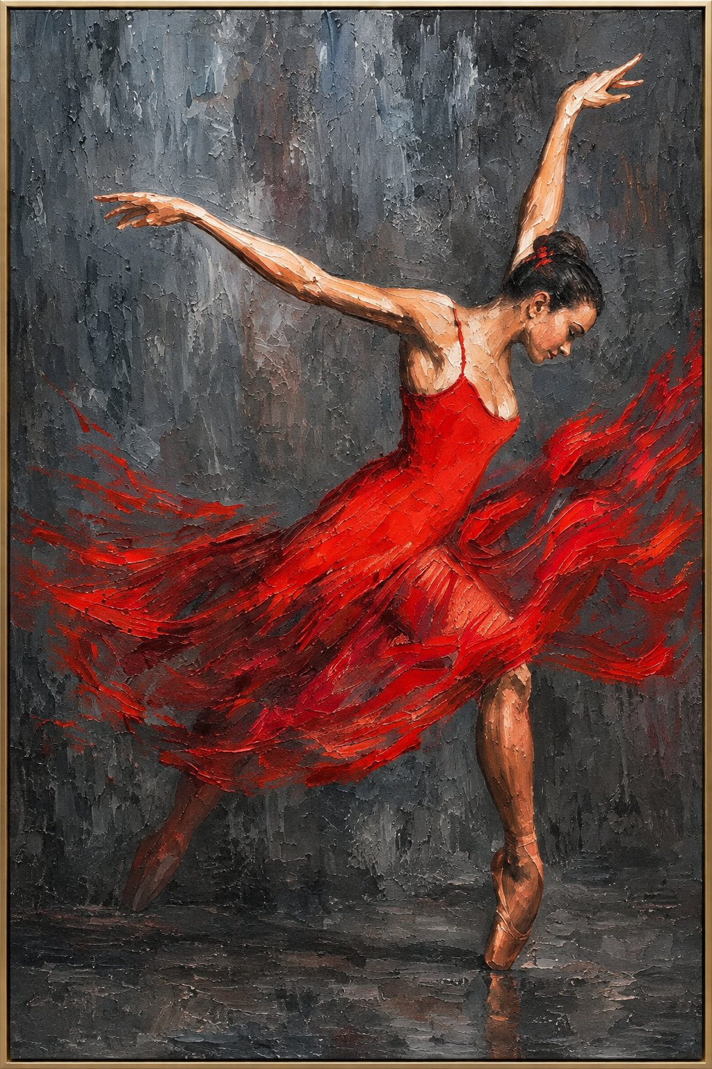 Arabesque | Hand-Painted Ballet Oil Painting | Complete painting, narrow champagne bronze-gold frame, front view