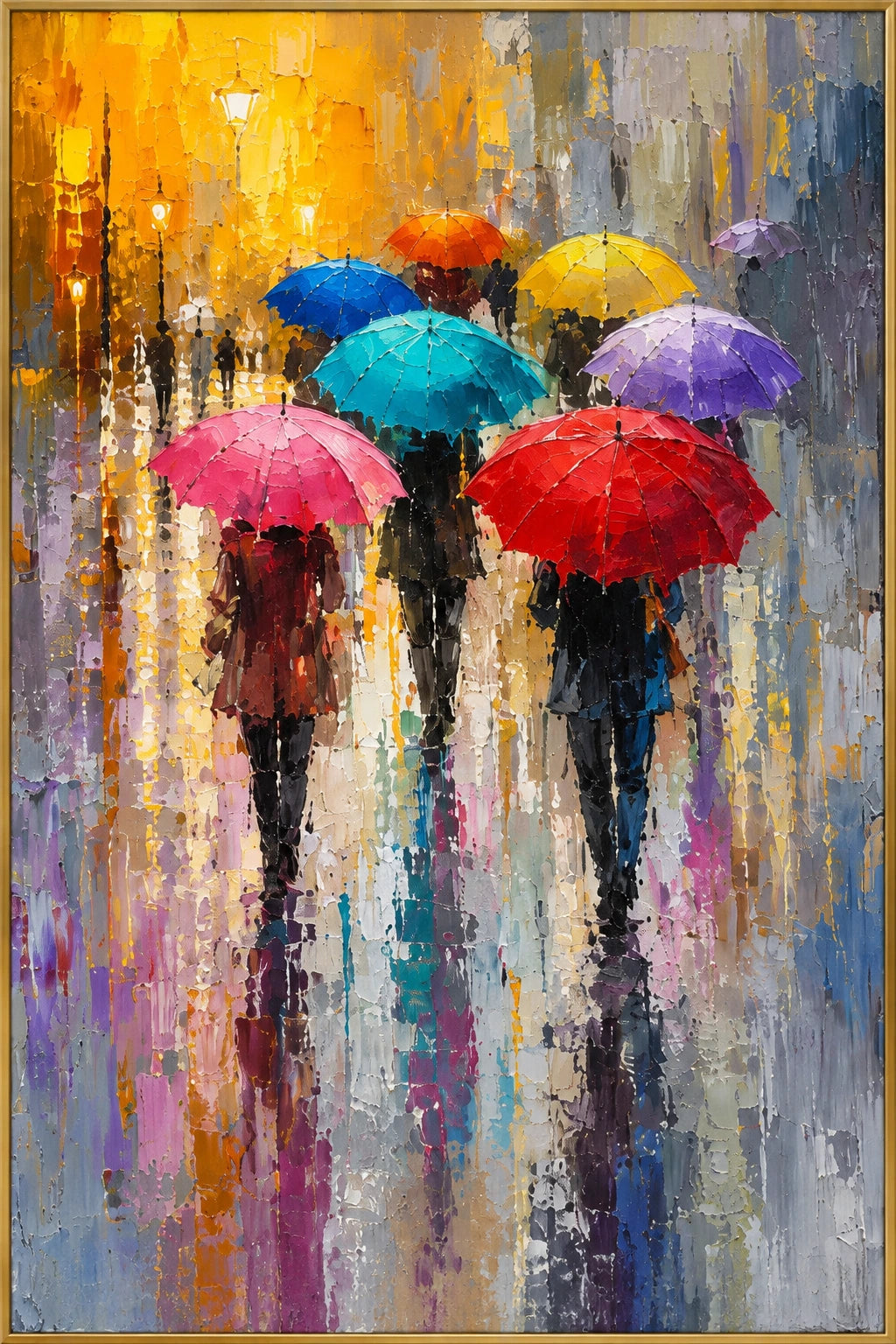 Rainlit | Hand-Painted Cityscape Oil Painting | Complete artwork front view with narrow champagne gold fine frame