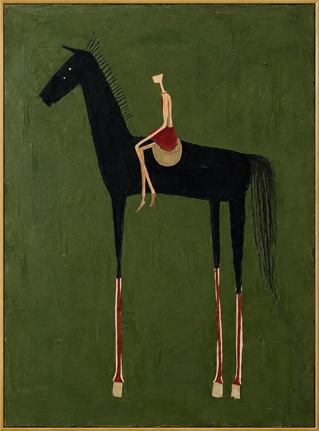 Scarlet Saddle | Hand-Painted Minimalist Horse Oil Painting | Complete artwork front view with narrow champagne gold fine frame