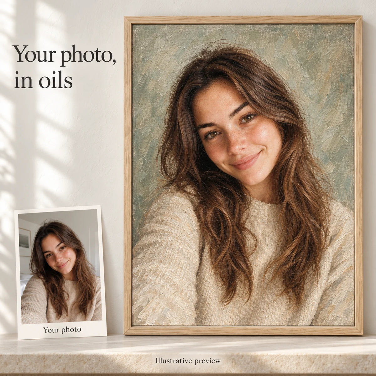 Illustrative preview of a custom oil portrait from a reference photo, in a natural wood frame