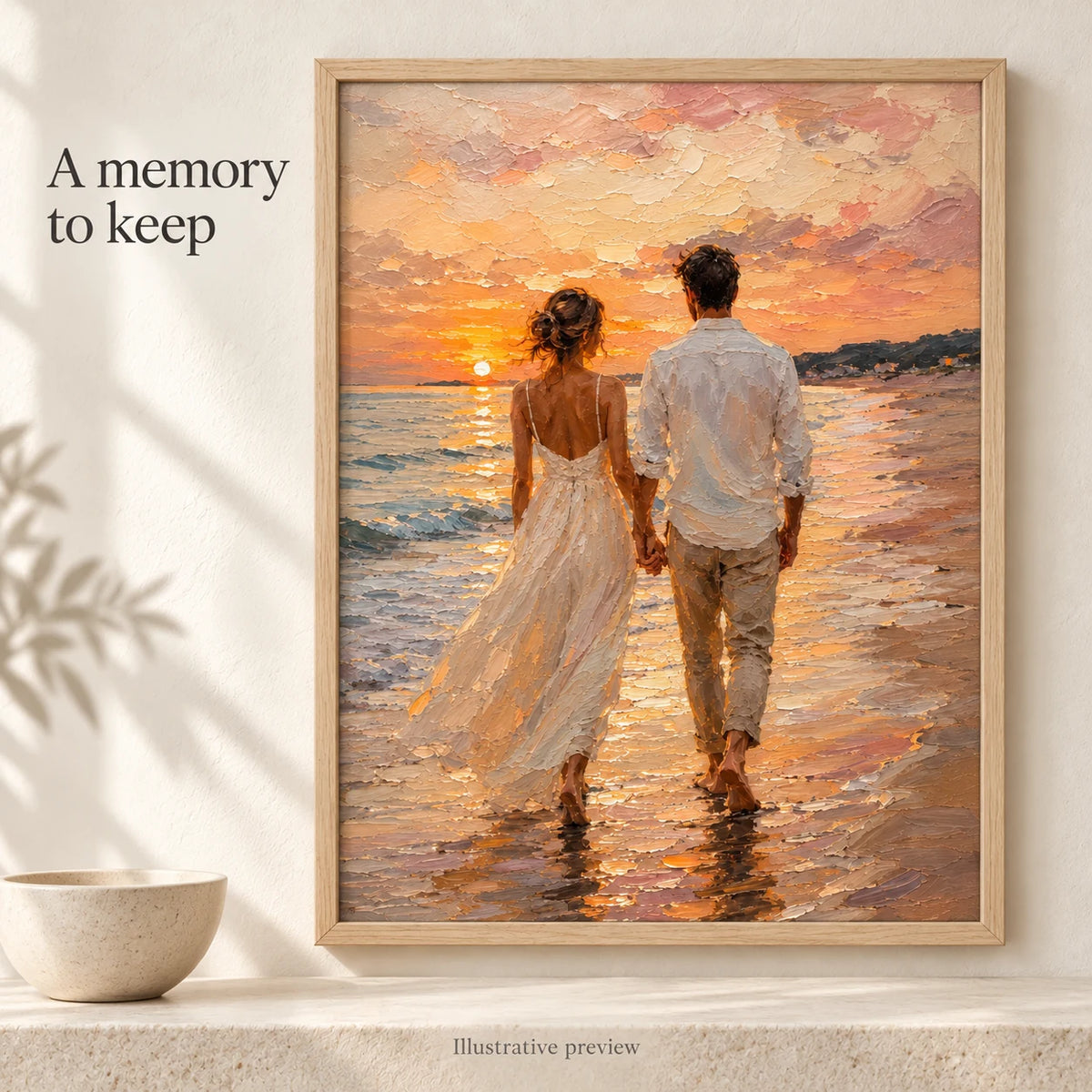 Illustrative preview of a couple beach sunset oil portrait in a natural wood frame