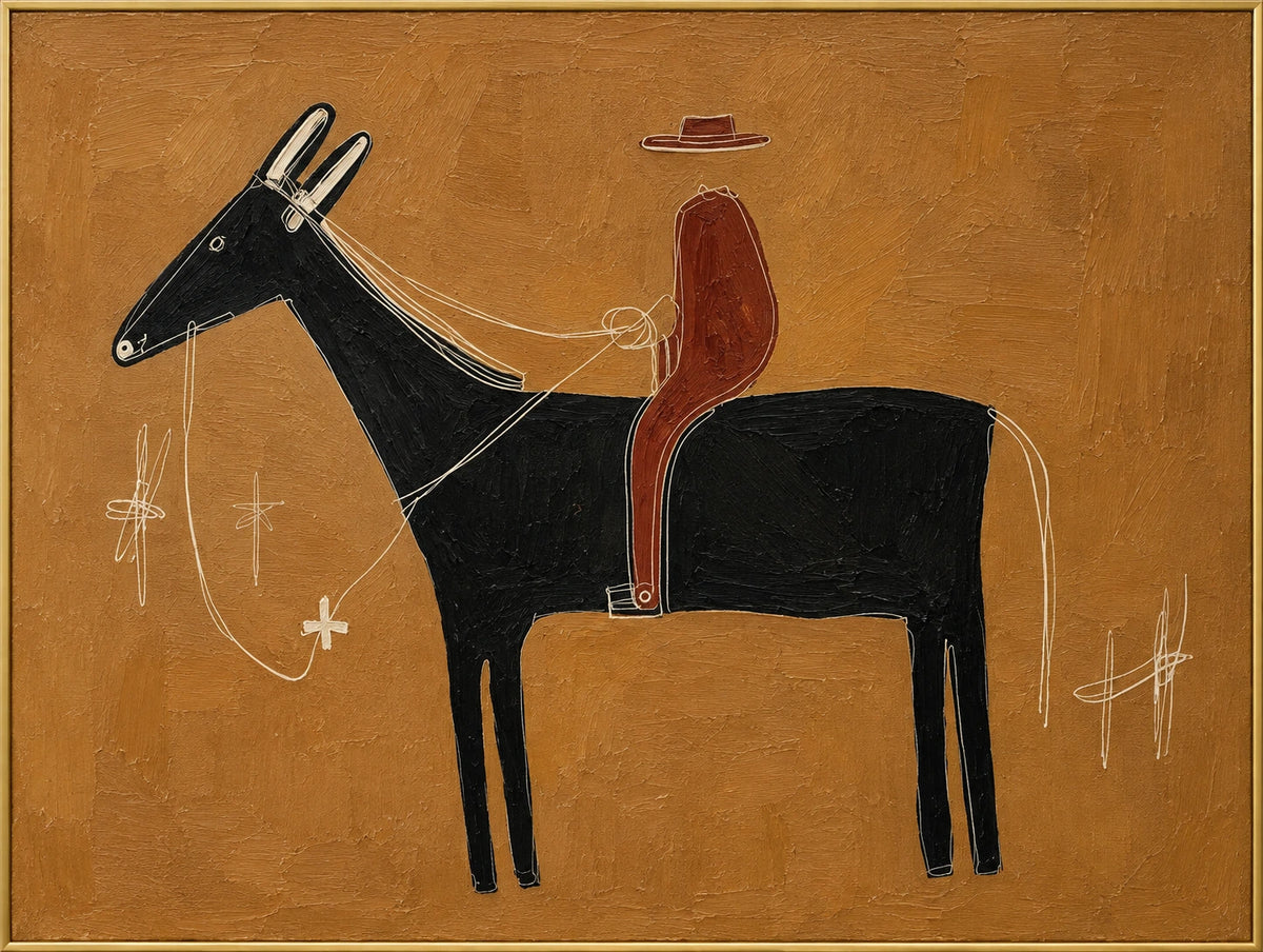 Ochre Rider | Hand-Painted Horse and Rider Oil Painting | Complete artwork front view with narrow champagne gold fine frame