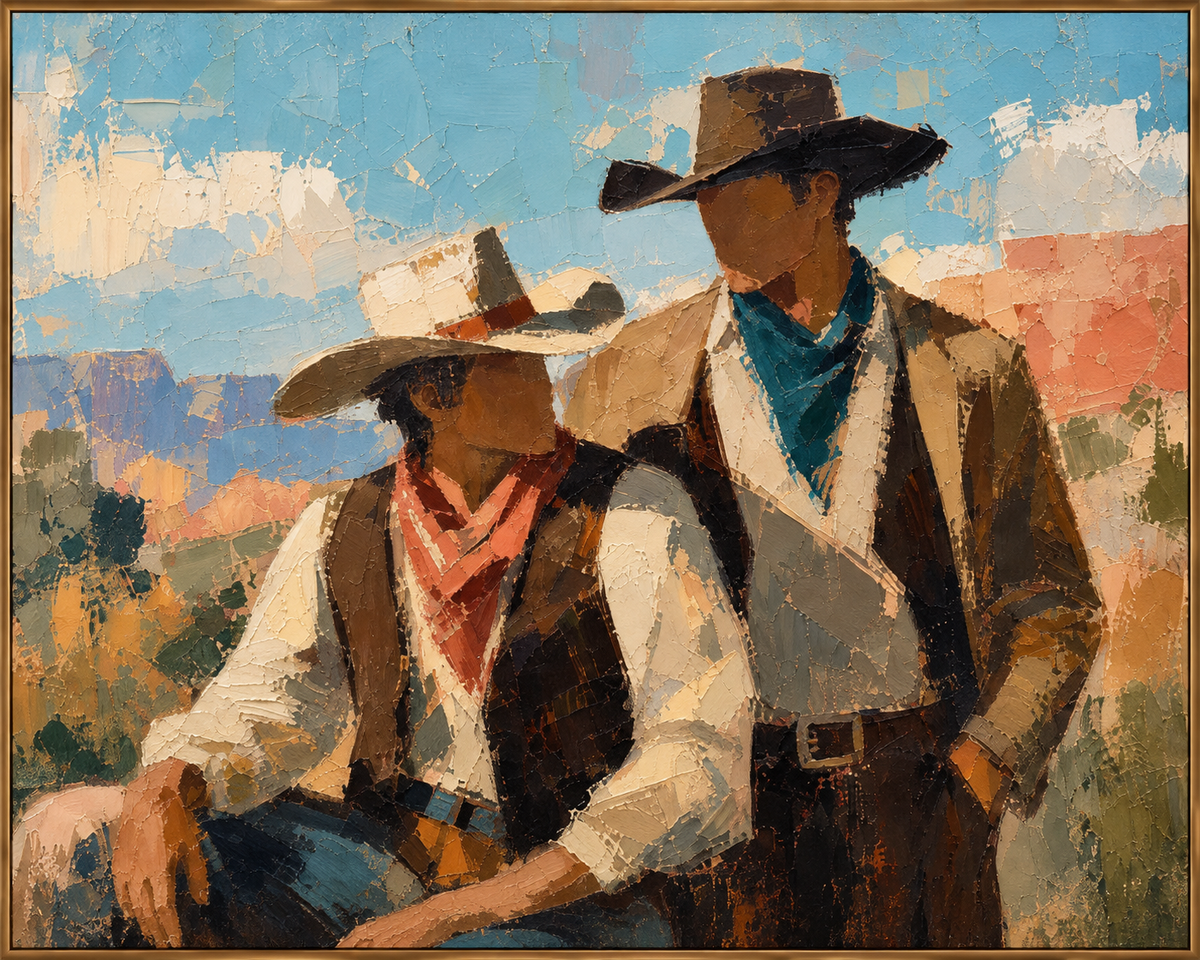 Open Sky Company | Hand-Painted Western Group Portrait Oil Painting | Complete painting, narrow champagne bronze-gold frame, front view