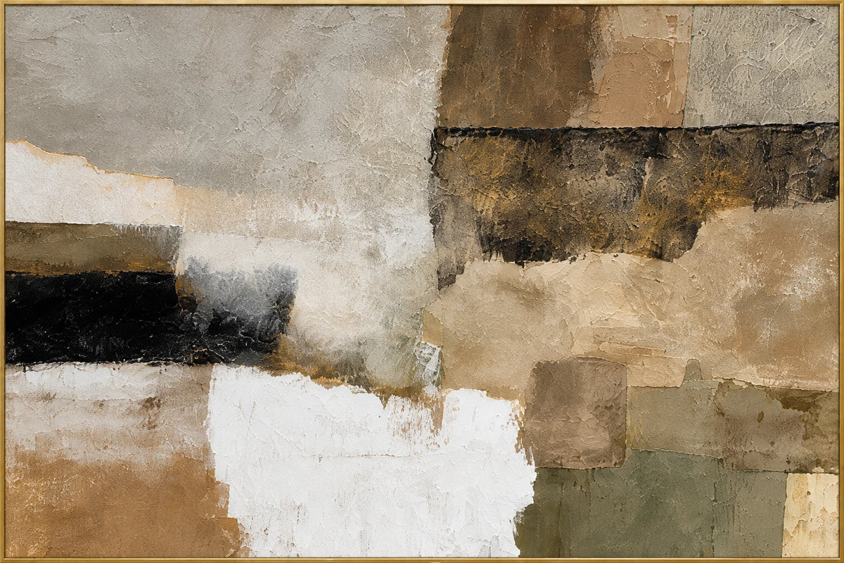 Stone Fields | Hand-Painted Abstract Oil Painting | Complete artwork front view with narrow champagne gold fine frame