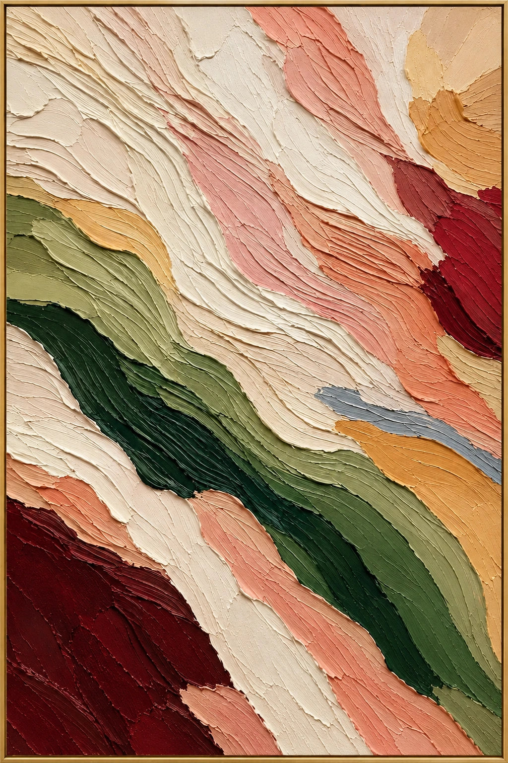 Layered Fault | Hand-Painted Abstract Oil Painting | Complete artwork front view with narrow champagne gold fine frame