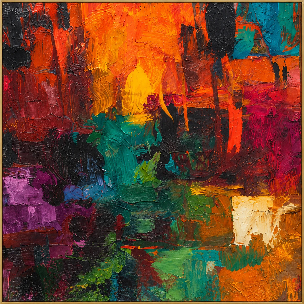 Crosscurrents in Color | Hand-Painted Color Field Abstract Oil Painting | Complete artwork front view with narrow champagne gold fine frame