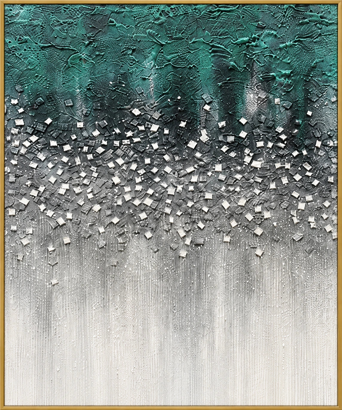 Emerald Descent | Hand-Painted Abstract Oil Painting | Complete artwork front view with narrow champagne gold fine frame
