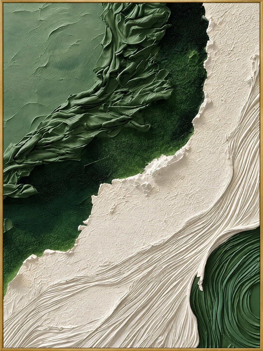 Emerald Flow | Hand-Painted Abstract Oil Painting | Complete artwork front view with narrow champagne gold fine frame