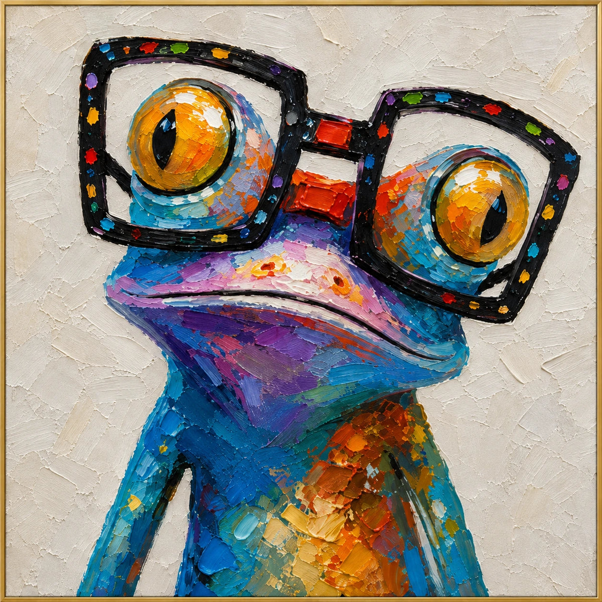 Spectacled Frog | Hand-Painted Animal Oil Painting | Complete artwork front view with narrow champagne gold fine frame
