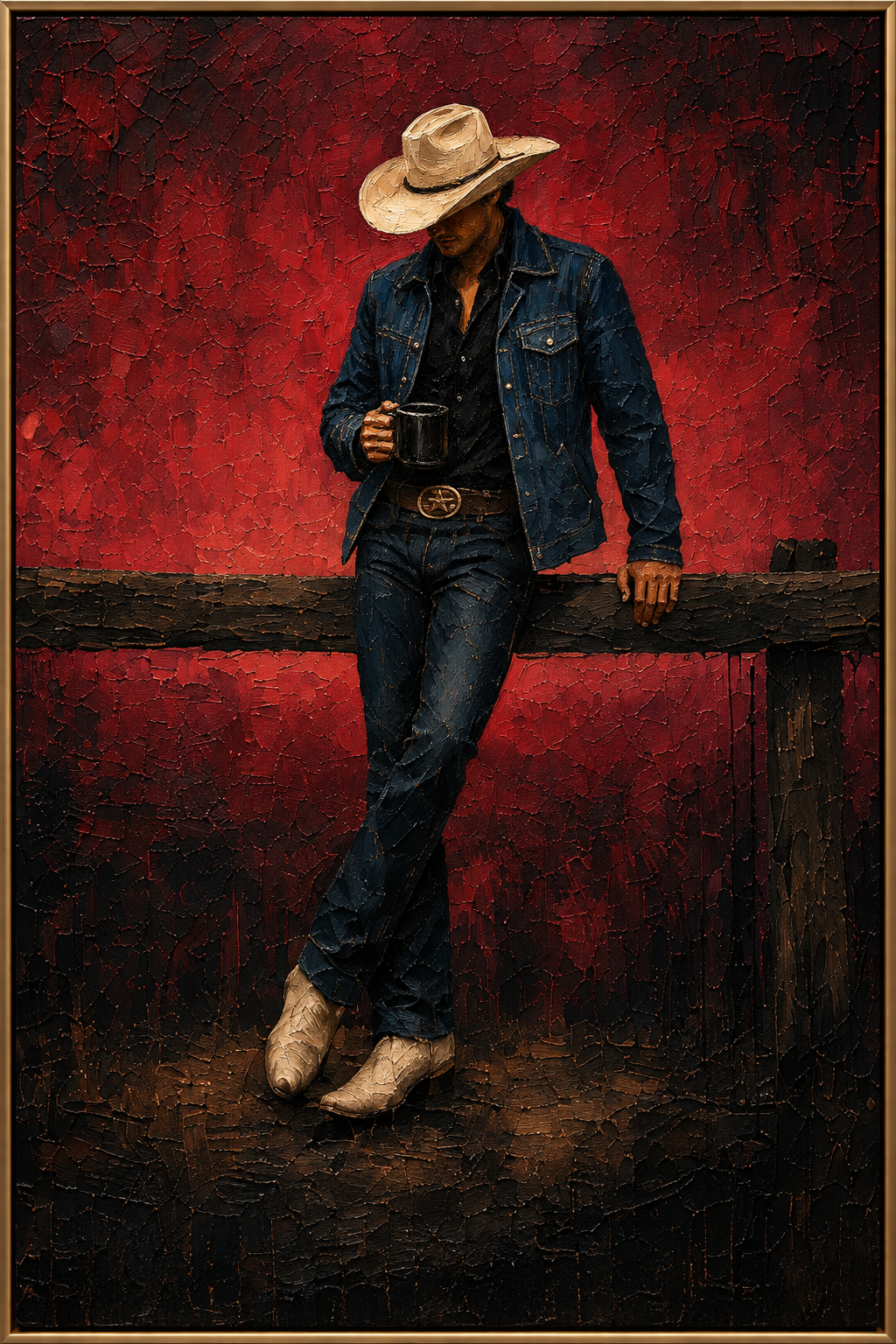 Red Rail | Hand-Painted Cowboy Portrait Oil Painting | Complete painting, narrow champagne bronze-gold frame, front view