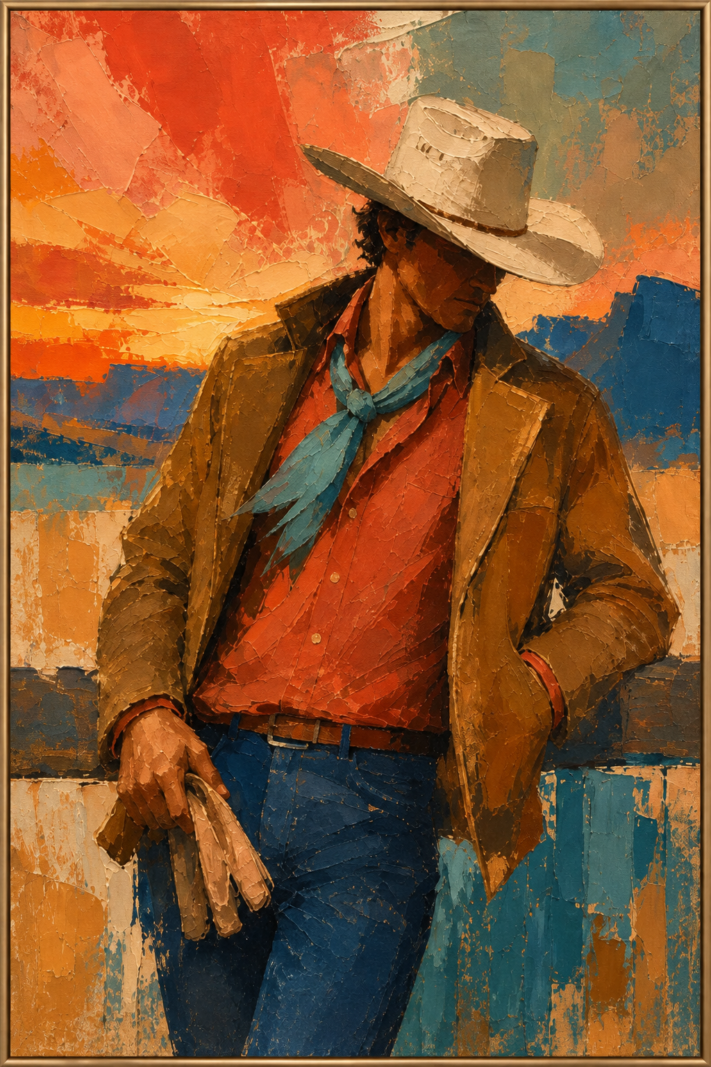 Burnt Orange | Hand-Painted Cowboy Portrait Oil Painting | Complete painting, narrow champagne bronze-gold frame, front view