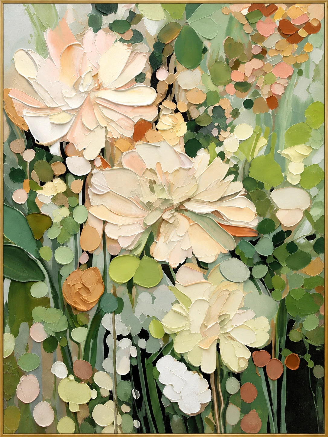 Garden in Cream | Hand-Painted Floral Oil Painting | Complete artwork front view with narrow champagne gold fine frame