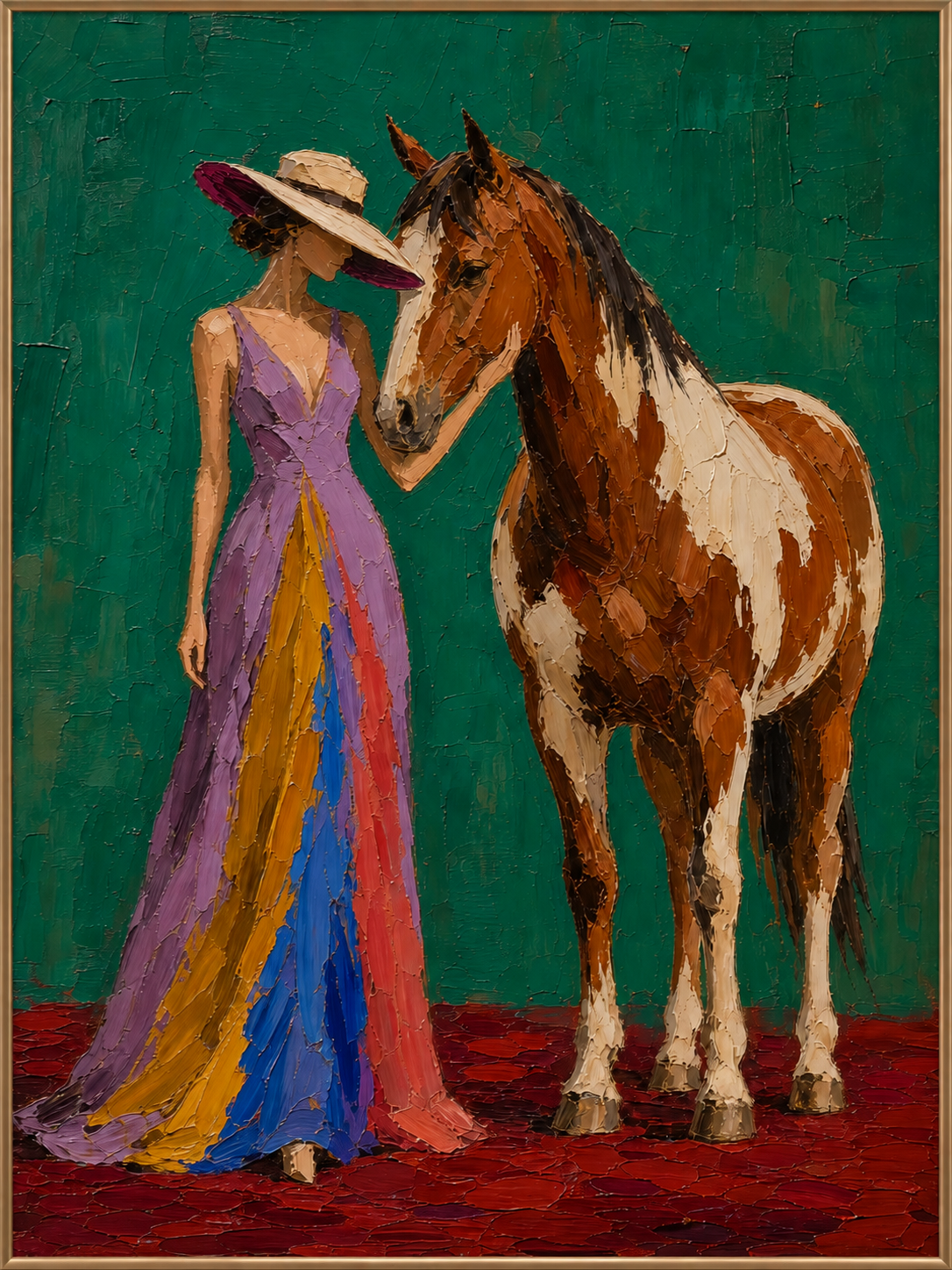 Gentle Bond | Hand-Painted Woman and Horse Oil Painting | Complete painting in a narrow champagne bronze-gold frame, front view