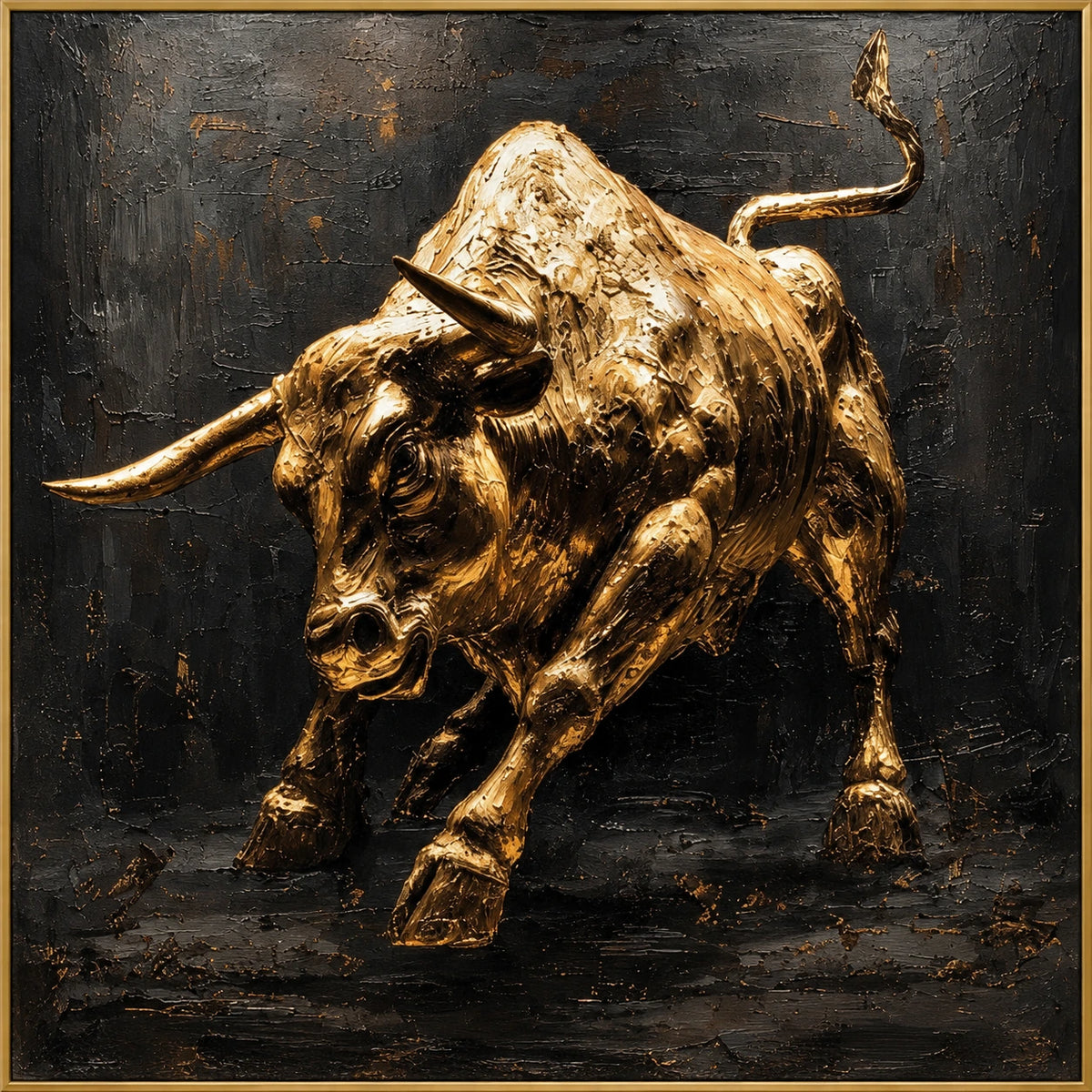 Full Charge | Hand-Painted Charging Bull Oil Painting | Complete artwork front view with narrow champagne gold fine frame