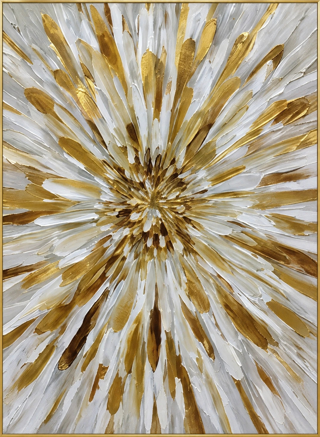 Gold Petal Burst | Hand-Painted Abstract Floral Oil Painting | Complete artwork front view with narrow champagne gold fine frame