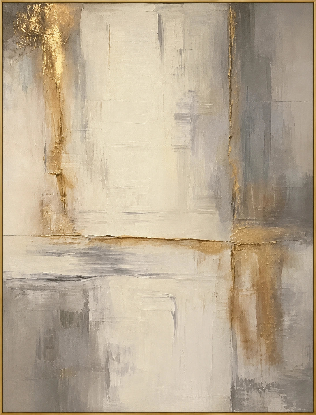 Pale Gold Horizon | Hand-Painted Abstract Oil Painting | Complete artwork front view with narrow champagne gold fine frame