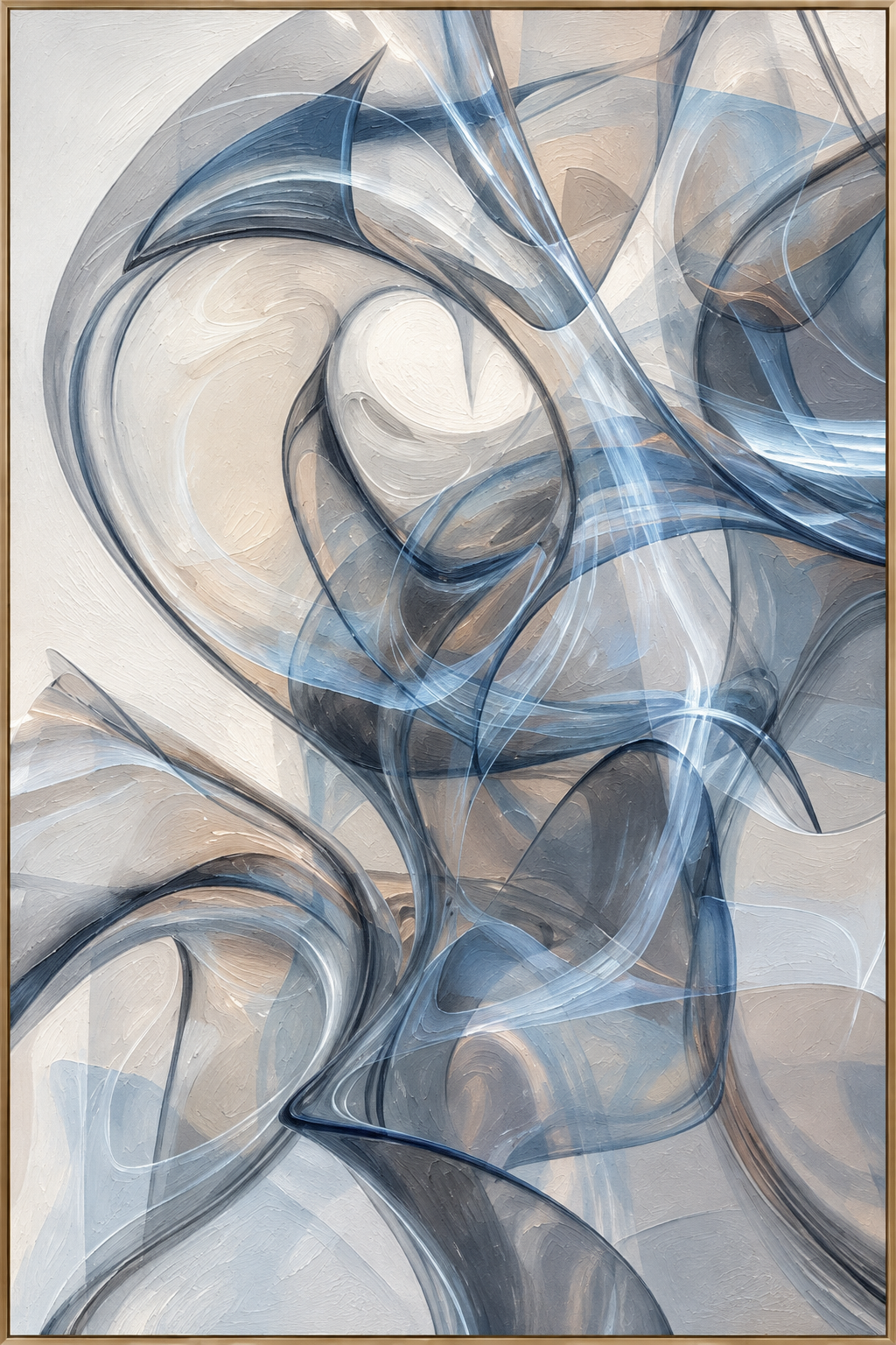 Lucent Fold | Hand-Painted Abstract Oil Painting | Complete painting, narrow champagne bronze-gold frame, front view