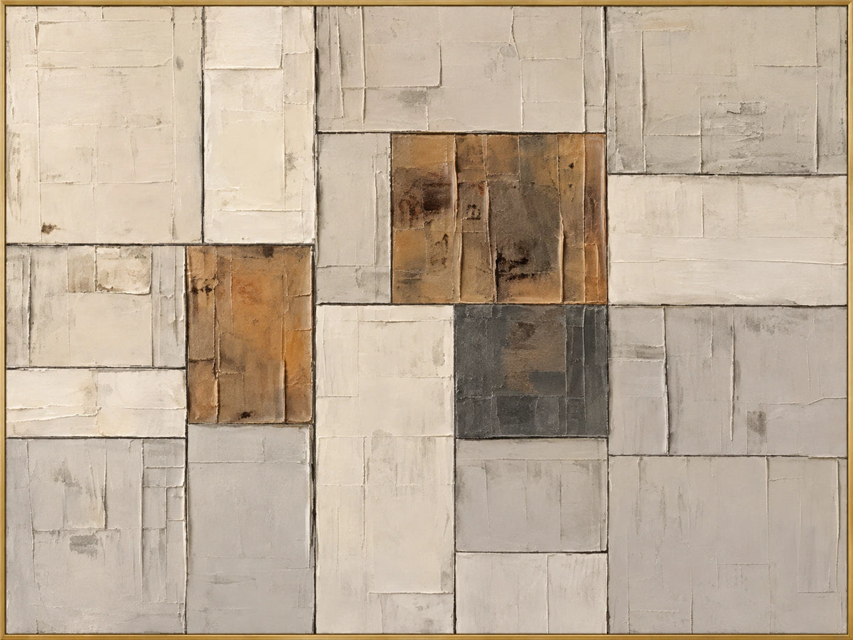 Golden Blocks | Hand-Painted Geometric Abstract Oil Painting | Complete artwork front view with narrow champagne gold fine frame