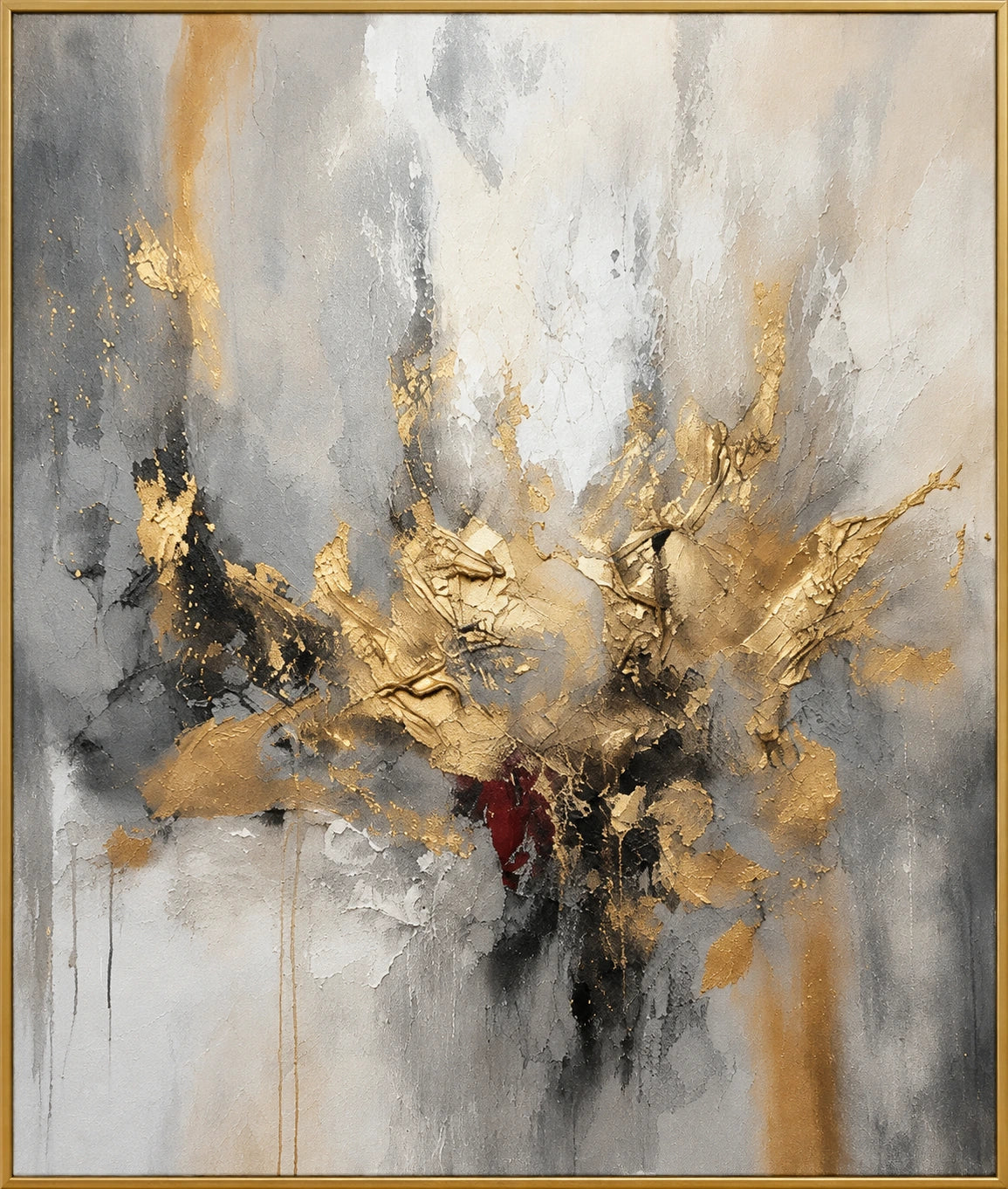 Gold Rising | Hand-Painted Abstract Oil Painting | Complete artwork front view with narrow champagne gold fine frame