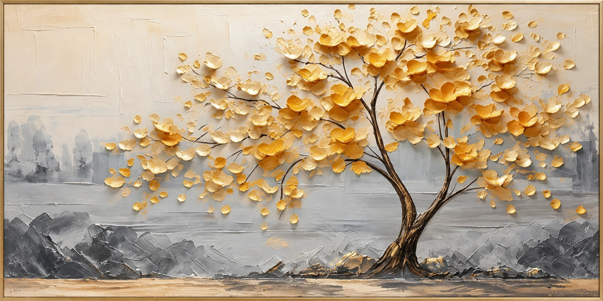 Golden Canopy | Hand-Painted Botanical Landscape Oil Painting | Complete artwork front view with narrow champagne gold fine frame