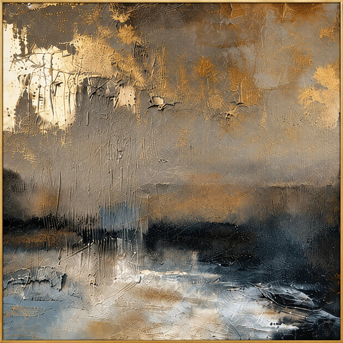 Golden Dusk | Hand-Painted Abstract Landscape Oil Painting | Complete artwork front view with narrow champagne gold fine frame