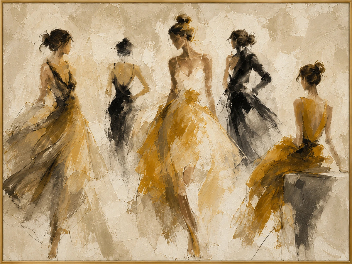 Golden Rehearsal | Hand-Painted Ballet Oil Painting | Complete artwork front view with narrow champagne gold fine frame