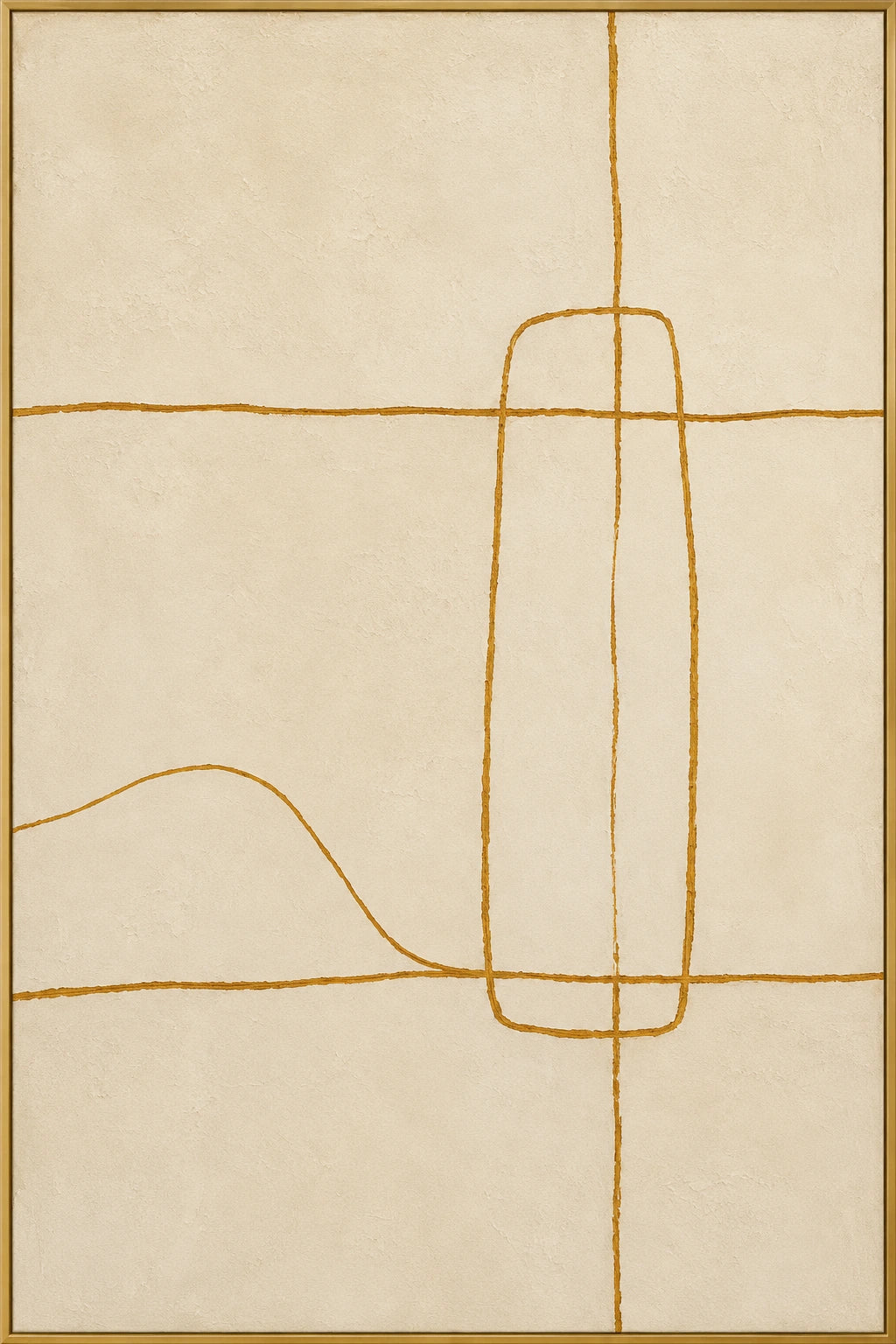Golden Thread | Hand-Painted Abstract Oil Painting | Complete artwork front view with narrow champagne gold fine frame