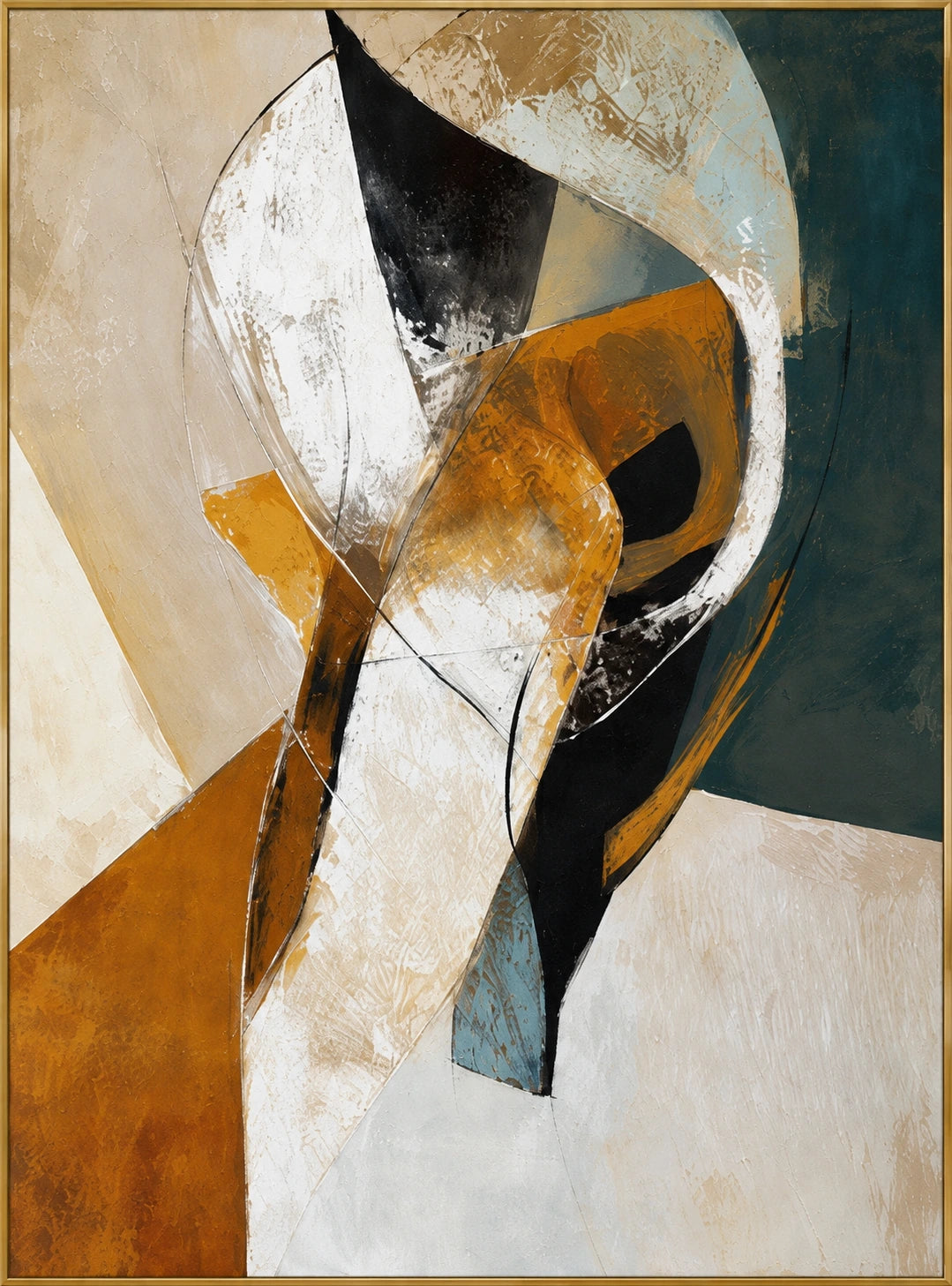 Ochre Fold | Hand-Painted Abstract Oil Painting | Complete artwork front view with narrow champagne gold fine frame
