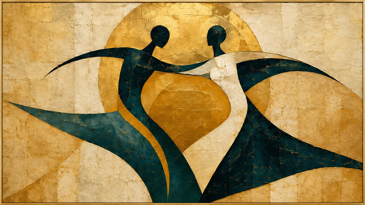 Solar Duet | Hand-Painted Figurative Oil Painting | Complete artwork front view with narrow champagne gold fine frame