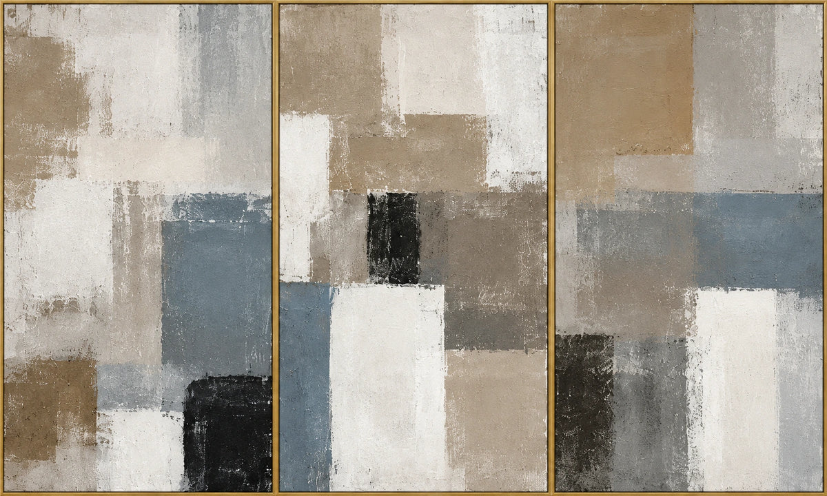 Stone Interval | Hand-Painted Abstract Oil Painting | Complete artwork front view with narrow champagne gold fine frame