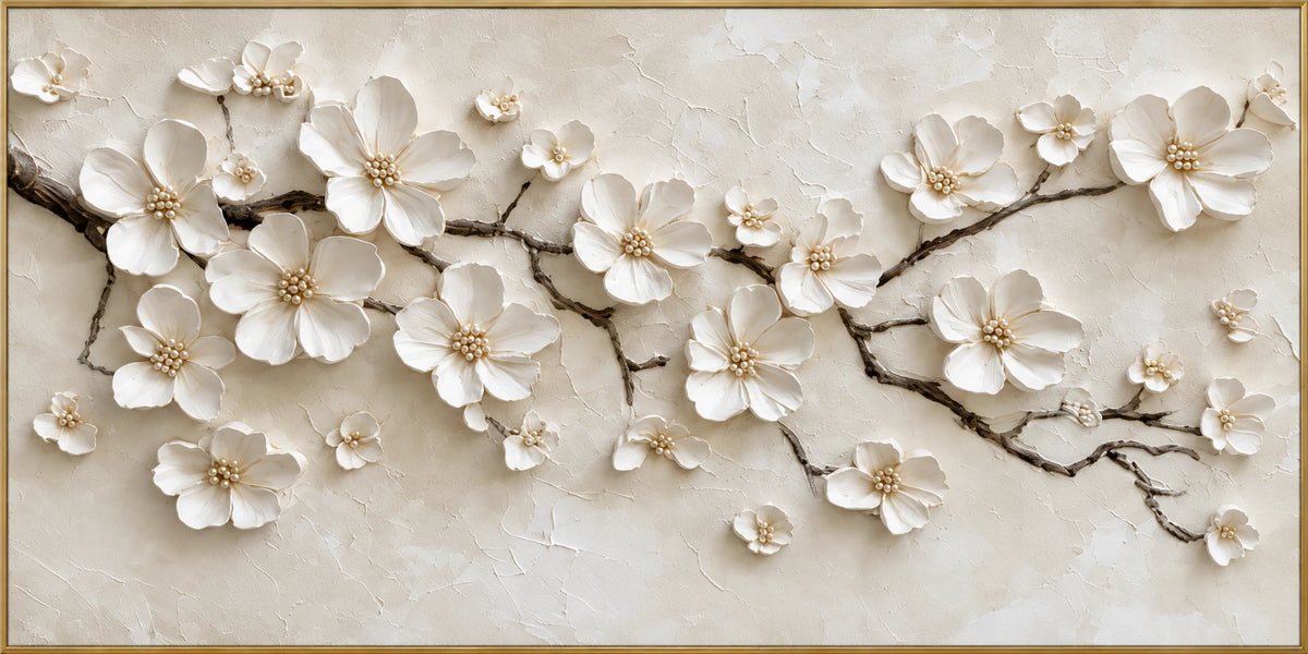 Raised Blossoms | Hand-Painted Floral Oil Painting | Complete artwork front view with narrow champagne gold fine frame