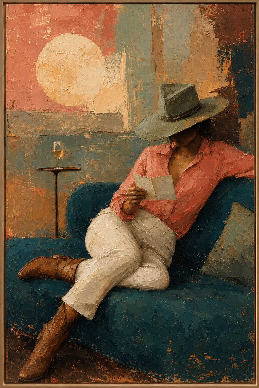 Letter at Sundown | Hand-Painted Seated Cowboy Oil Painting | Complete painting, narrow champagne bronze-gold frame, front view