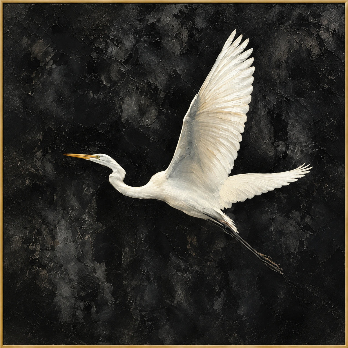 White Flight | Hand-Painted Wildlife Oil Painting | Complete artwork front view with narrow champagne gold fine frame