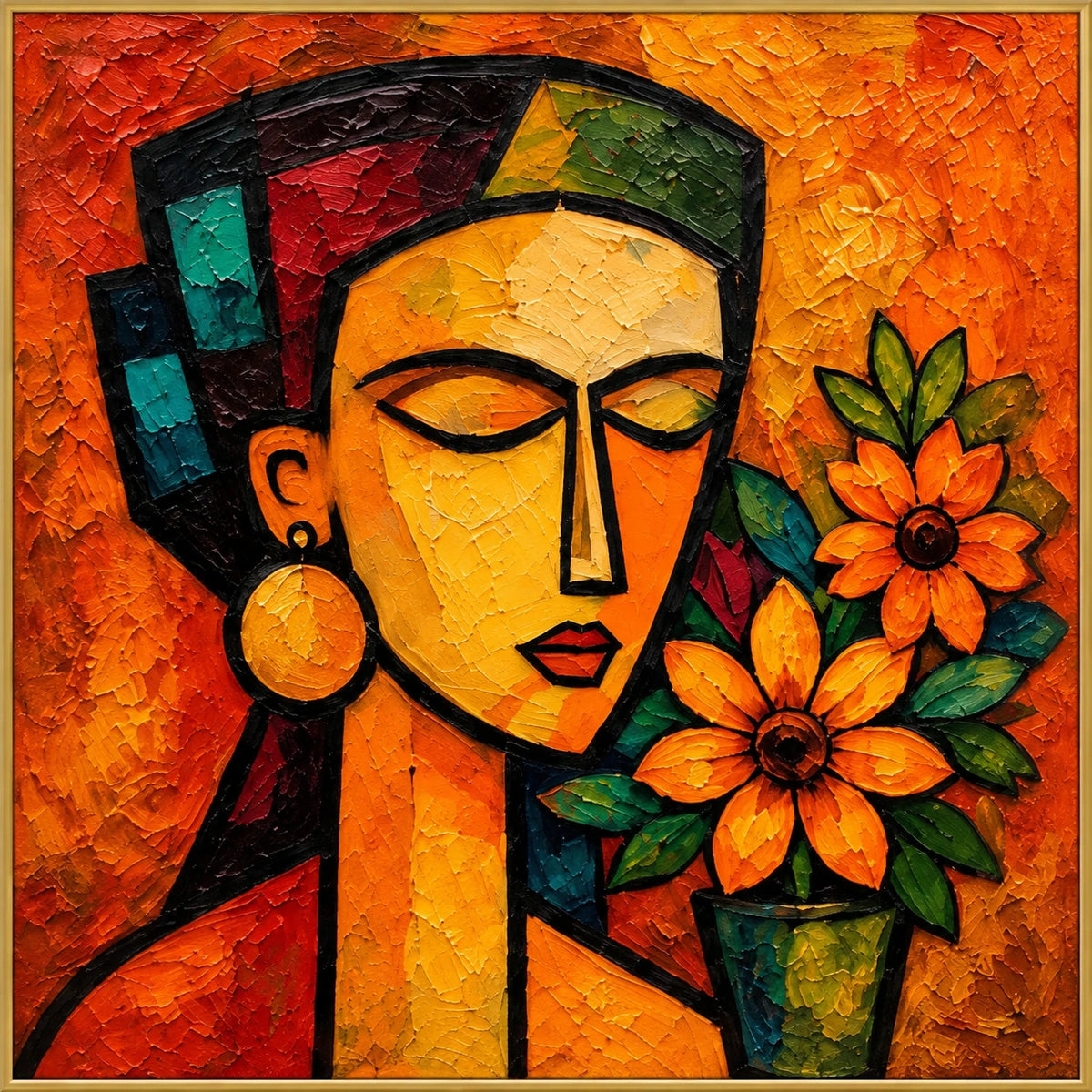 Marigold | Hand-Painted Figurative Oil Painting | Complete artwork front view with narrow champagne gold fine frame