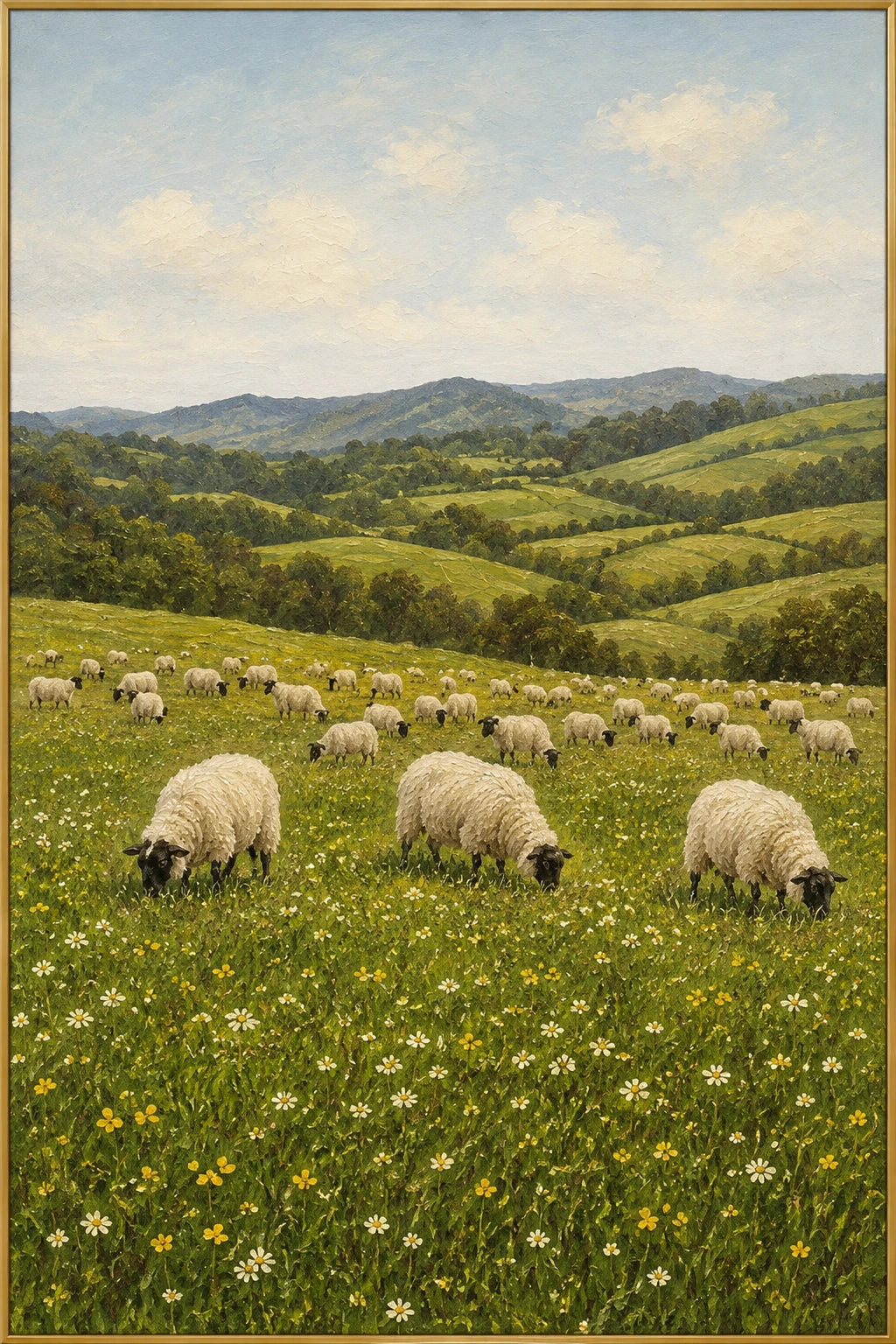 Valley Flock | Hand-Painted Landscape Oil Painting | Complete artwork front view with narrow champagne gold fine frame