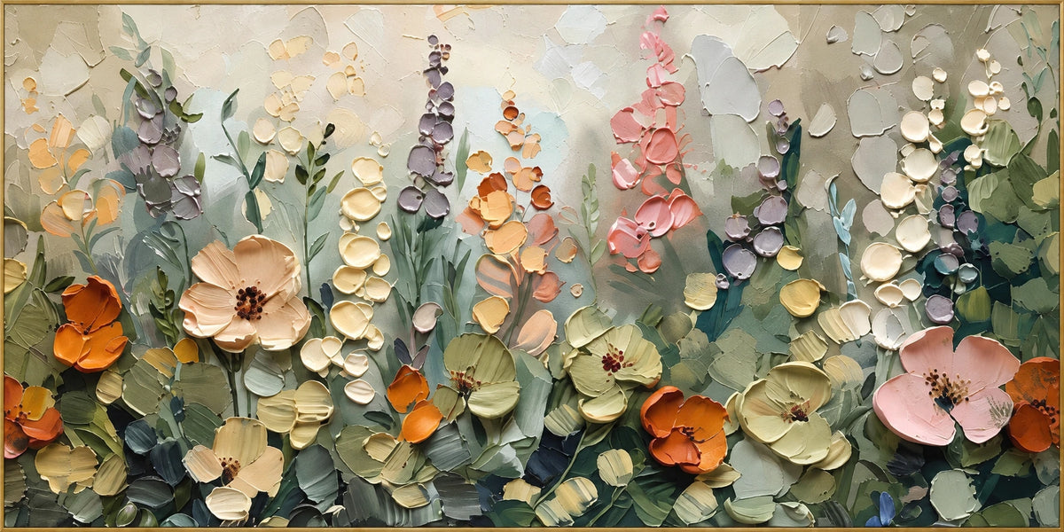 Wildflower Meadow | Hand-Painted Floral Landscape Oil Painting | Complete artwork front view with narrow champagne gold fine frame