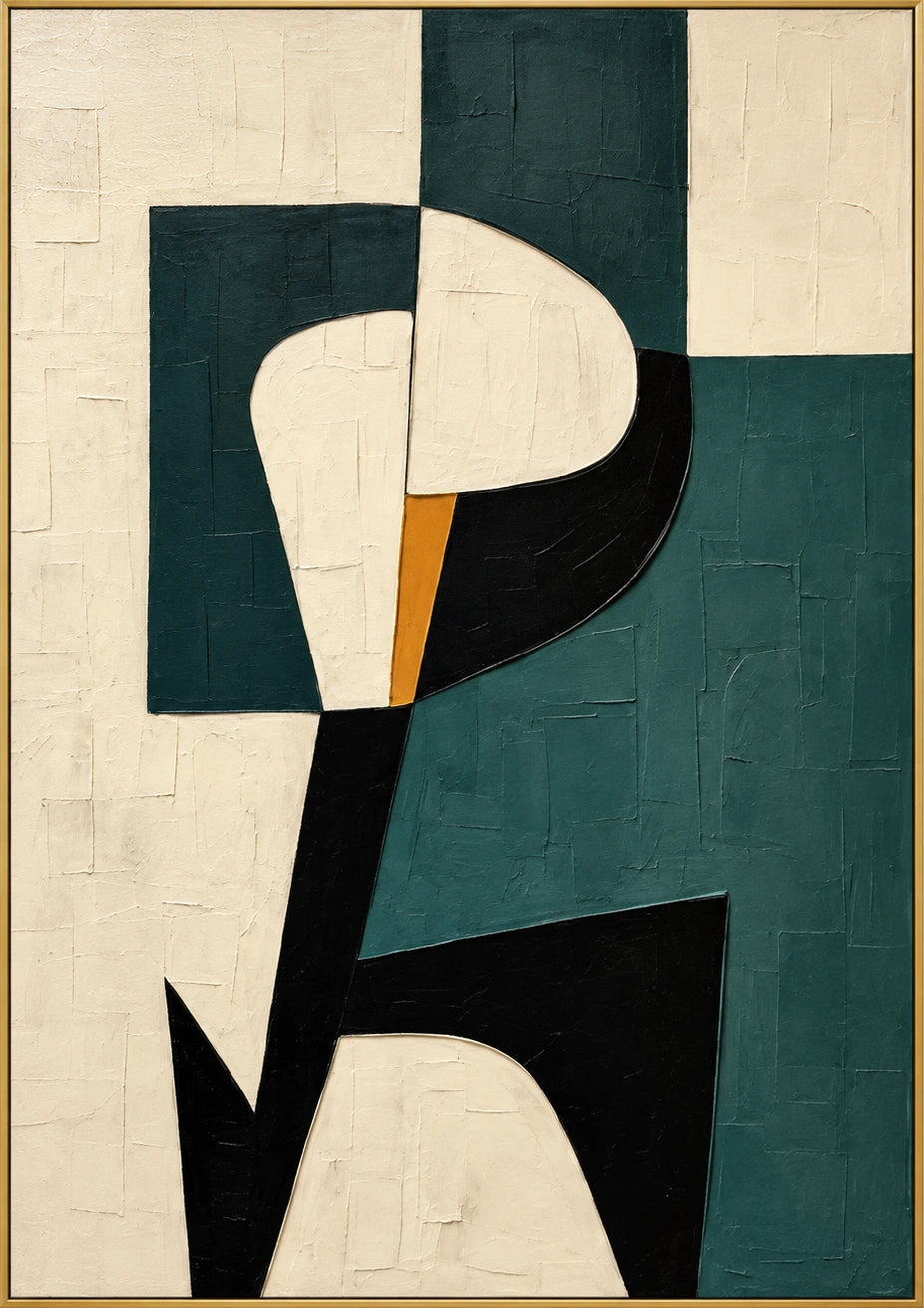 Teal Cutout | Hand-Painted Abstract Oil Painting | Complete artwork front view with narrow champagne gold fine frame