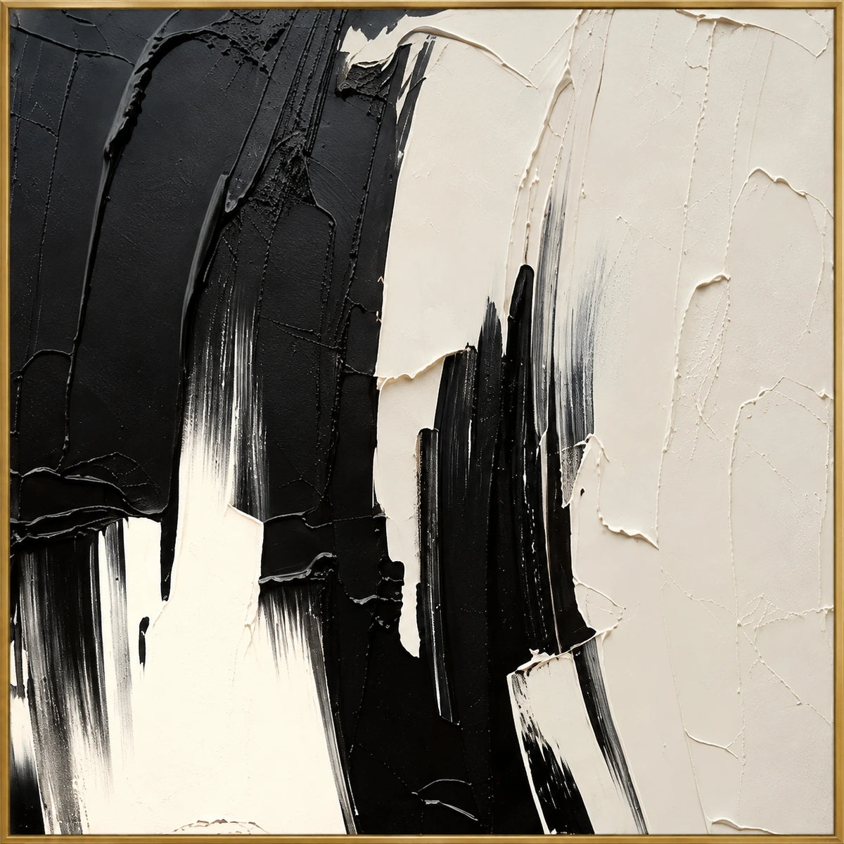 Monochrome Flow | Hand-Painted Abstract Oil Painting | Complete artwork front view with narrow champagne gold fine frame
